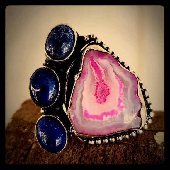 New Solar Agate & Lapis Lazuli 925 Silver Ring. - Picture 2 of 8